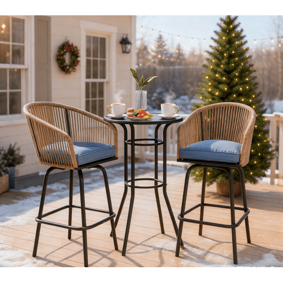 3-Piece Outdoor rattan Bar Set, Patio Bar Table and Chair Set with 2 Swivel Bar Stools and 1 round DPC Faux Wood Table, All-Weather Height Bistro Set for Backyard, Deck, Garden,blue
