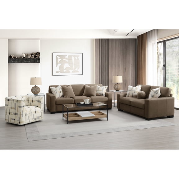 3 - piece set, beige & brown - swivel chair, tight cushions - home living area - high weight capacity seating