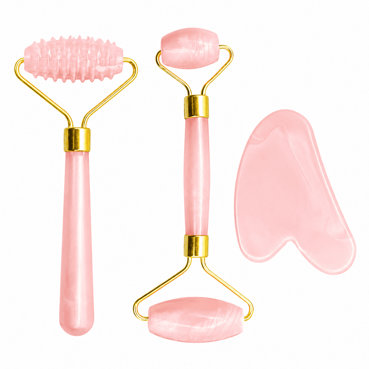 3-piece set of plastic imitation jade spiky roller gua sha board, imitation pink crystal heart-shaped gua sha board, facial massager