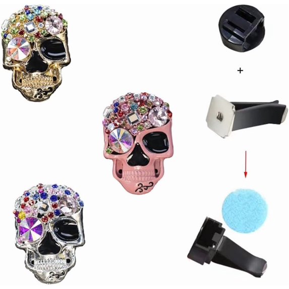3-piece skull car air freshener vent clip, sparkling crystal punk skull head car vent clip car diffuser charming cute car accessories interior decoration unisex