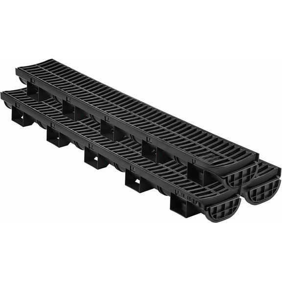 3-piece trench drainage system, trench drain pipes with plastic grating, size 5.7 x 3.1 inches, HDPE material, black plastic garage floor drain, size 3 x 39 inches, with 3 end caps.