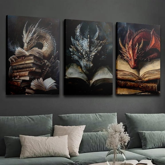 3- piece wooden frame canvas print decoration, mythological creatures, myth books, fantasy book lovers, dragon reading art, indoor home wall decor art, myth room decoration.