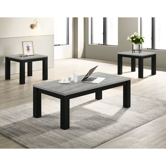 3 - piece wooden living room table set in gray black finish rectangular coffee table square end tables for primary space