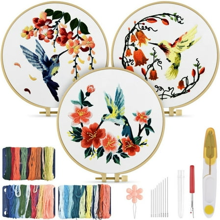 3 pieces Hummingbird and Flower Embroidery Kit for Adults