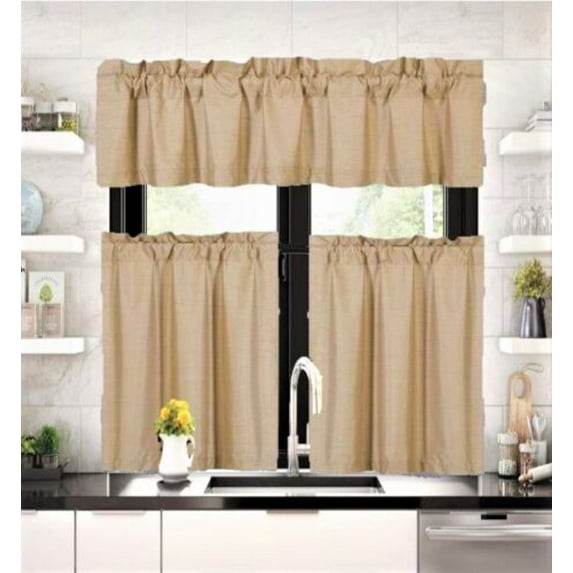 3 pieces Kitchen window set 2 Curtain panels linen and 1 Valance Blackout Rod Pocket for Bathroom Home décor WK4 Gold color