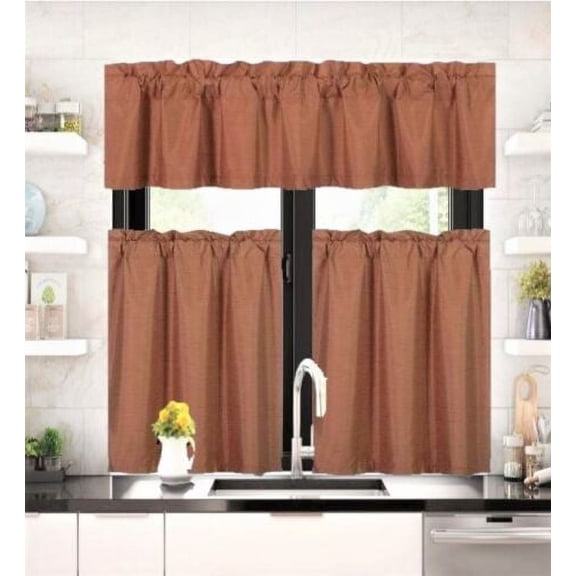 3 pieces Kitchen window set 2 Curtain panels linen and 1 Valance Blackout Rod Pocket for Bathroom Home décor WK4 Brick color