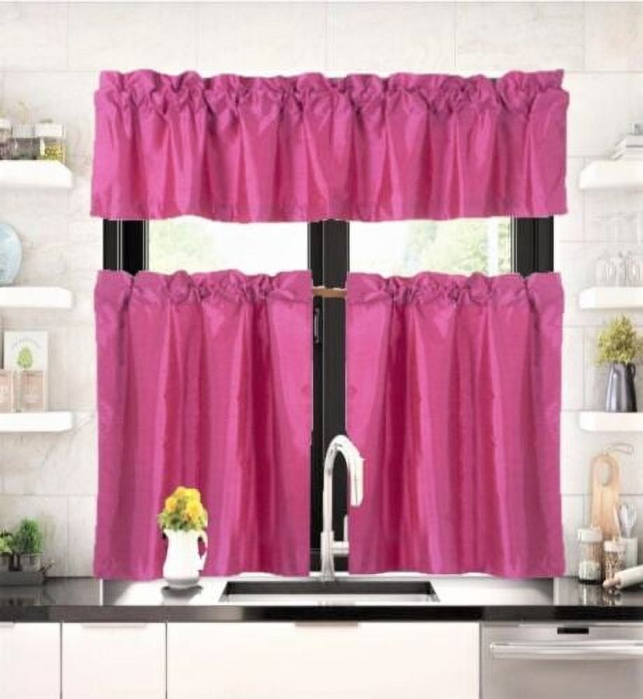 3 pieces Kitchen window set 2 Curtain panels linen and 1 Valance Blackout Rod Pocket for Bathroom Home décor WK4 Hot Pink color