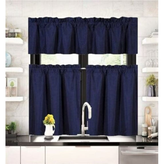 3 pieces Kitchen window set 2 Curtain panels linen and 1 Valance Blackout Rod Pocket for Bathroom Home décor WK4 Navy Blue color