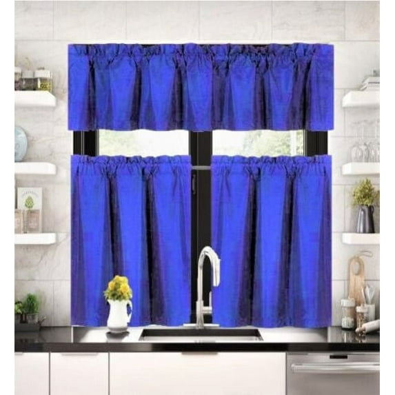 3 pieces Kitchen window set 2 Curtain panels linen and 1 Valance Blackout Rod Pocket for Bathroom Home décor WK4 Royal Blue color