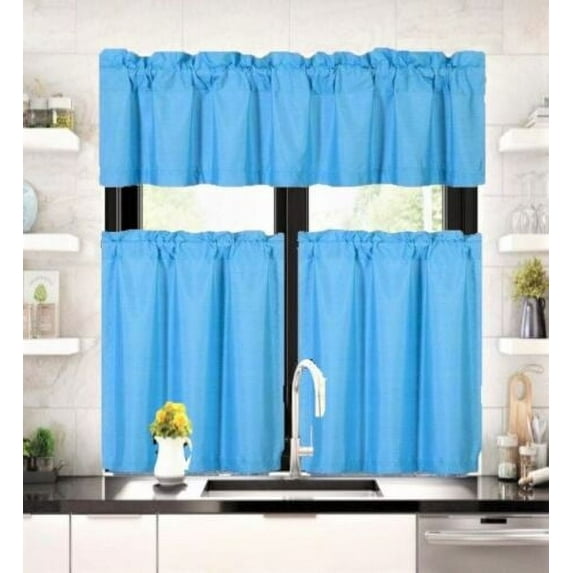 3 pieces Kitchen window set 2 Curtain panels linen and 1 Valance Blackout Rod Pocket for Bathroom Home décor WK4 Turquoise color