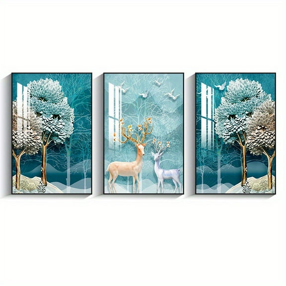 3 pieces, Modern Abstract Golden Deer Leaf Wall Art Canvas Painting, for Living Room Decoration, Bedroom, Corridor, Office, Frameless Canvas Painting