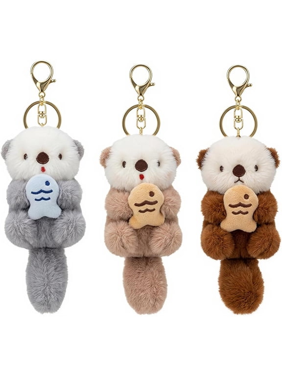 3 pieces Otter Keychain, Cute Otter Keychain Plush, Soft PP Cotton Filling Stuffed Animal Keychain for Handbags, Backpacks, Car Key Decor