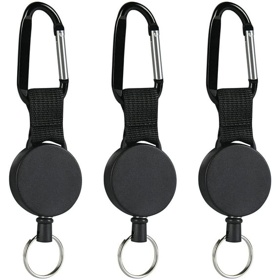 3 pieces extendable lanyard. Heavy Duty Retractable Key Roll Key Chain with 80cm steel wire rope. Badge Jojo for Pants and Belt - Black