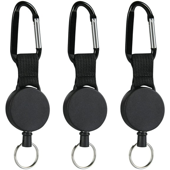 3 pieces extendable lanyard. Heavy Duty Retractable Key Roll Key Chain with 80cm steel wire rope. Badge Jojo for Pants and Belt - Black