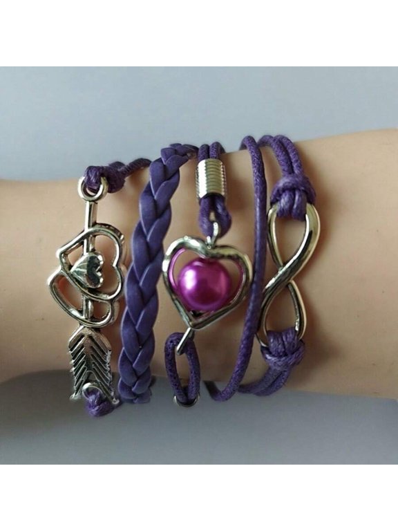 3 purple Bracelet With Heart Arrow Infinity Charms And Simulated Pearl