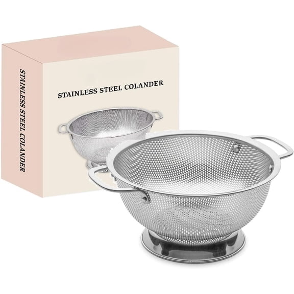 3 quart metal colander with handle | kitchen filter basket for pasta, pasta, berries, fruits and vegetables | 18/8 stainless steel colander basin | cooking drainer, mesh filter