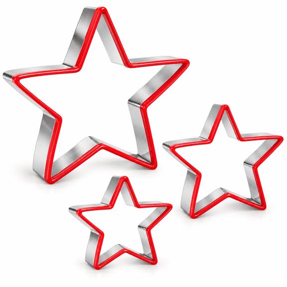 3 reusable stainless steel star cookie cutters in assorted sizes. Rust-resistant with soft covered edges for comfortable pressing. Ideal for cookies, cheese, fruit and festive decorating.