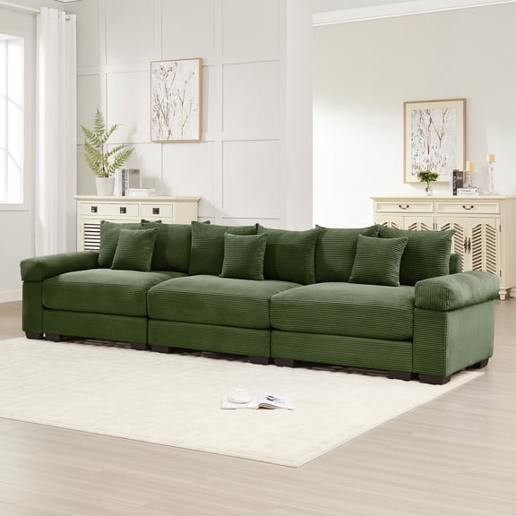 3-seat 130" Oversized Cloud Modular Sectional Couch,Premium Corduroy 3-seat Sofa Extra-Thick Armrests Good Resilience Cushion Ergonomic Design,Easy Assembly Suitable for Living Rooms Studies (Green)
