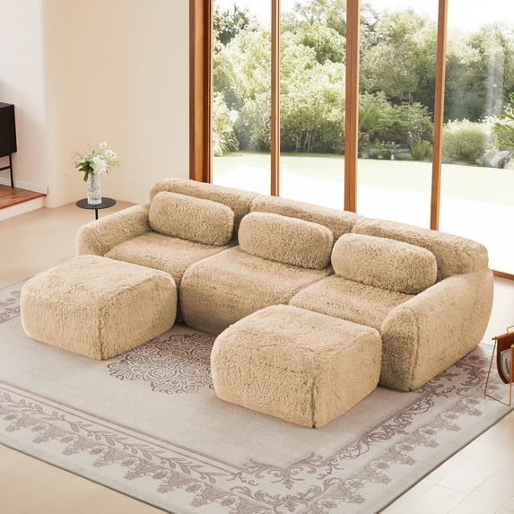 3-seat U-shaped Boneless Sofa,32D High Density Sponge Bottom,Anti-Slip Design with Chaise,Free Combination Full-compression Vacuum Packaging,Deep Seat Design for Bedroom,Study and Home Theater(Khaki)