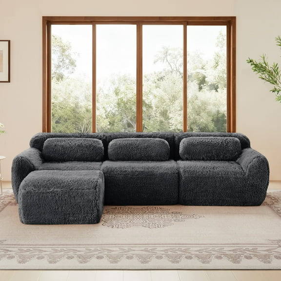 3-seater L-shaped Soft and Fluffy Plush Fabric,Boneless Sofa with Throw Pillows 32D High Density Sponge,No Assembly Required Bottom,Anti-Slip Design Buckle Connection,Movable Ottoman for Study (Gray)