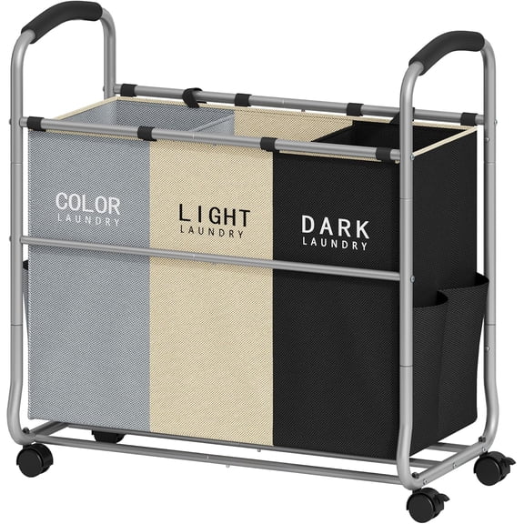 3 section Laundry Hamper Sorter, Laundry Sorter Cart with Heavy Duty Lockable Wheels and Removable Bags, Laundry Separated Rolling Cart Basket for Clothes Storage, Grey+Beige+Black