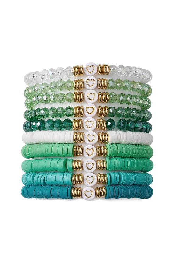 3 set 10pcs Polymer Clay Disc Glass Brass Beaded Stretch Bracelets set Heart Stackable Bracelets Medium Sea Green Inner Diameter: 2-1/8 inch(5.4cm)