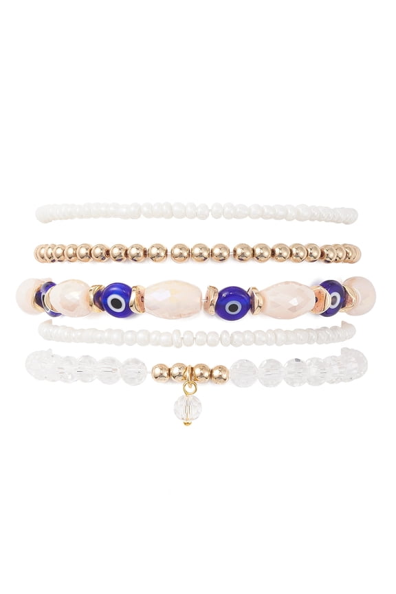 3 set 5pcs 5 style Glass & Lampwork Evil Eye Stretch Bracelets set Stackable Bracelet with Round Charms Clear Inner Diameter: 2-3/8 inch(5.9cm) 1pc/style
