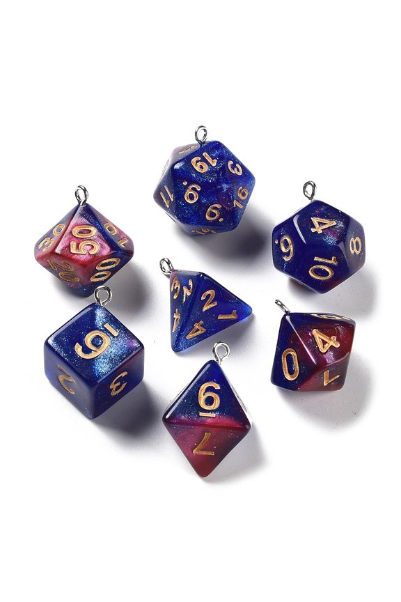 3 set 7 styles Opaque Resin Polyhedral Dice Pendants set Multi-Sided Dice Charms with Platinum Plated Iron Loops Mixed Shapes Dark Blue 20~28x19~24x17~24mm Hole: 2mm 1pc/style 7pcs/set