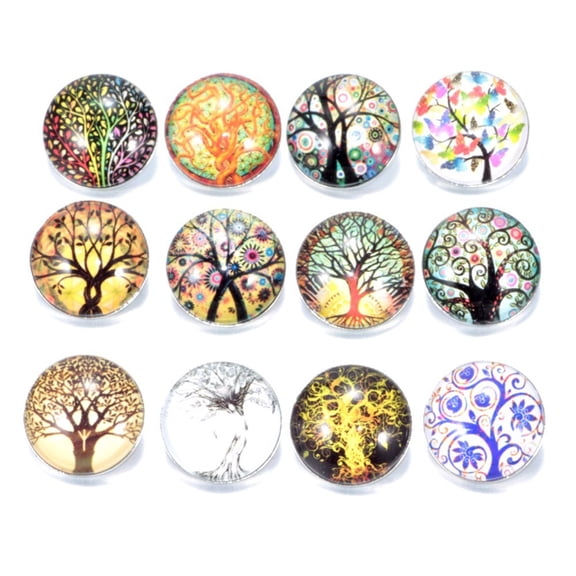 3 set Brass Jewelry Snap Buttons with Glass Cabochons Flat Round Tree of Life Pattern 18.5x9.5mm Knob: 6mm