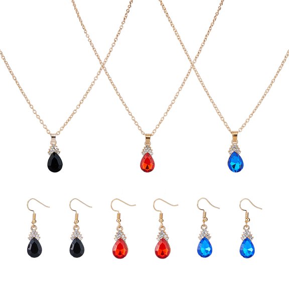 3 sets 3 colors Rhinestone Teardrop Dangle Earrings & Pendant Necklace Light golden Plated Alloy Jewelry set for Women Mixed color 423mm 39x12.5mm 1 set/color