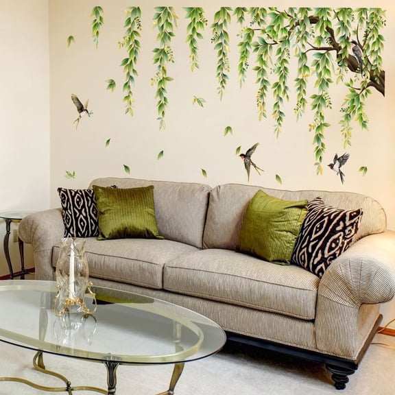 3 sheets Large Tree Sticker Green Hanging Plants Wall Sticker Birds Flower Branches Wall Art Decals Transparent Wall Murals Peel and Stick Nature for Living Room Bedroom TV Wall glass dec