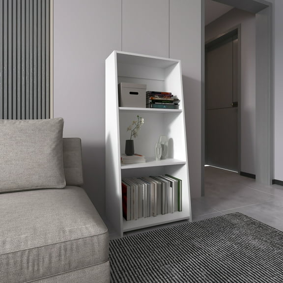 47" Tall Bookcase In White - Save Space & Organize. Three Tier Storage For Various Items. Modern Design. Easy To Assemble. For Small Spaces. Fits Living, Bedroom, Office. 21.49" W X 48.01" H 15.14"