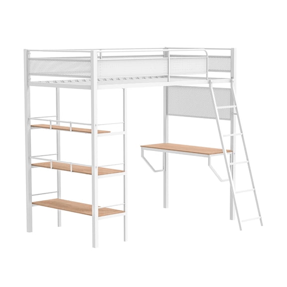 3-shelf Metal Twin Workstation Loft Bed, Matte White