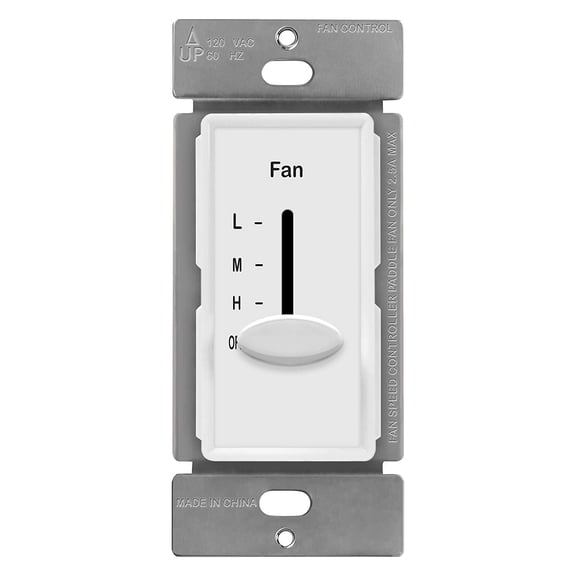 3-speed wall-mounted ceiling fan controller, sliding switch, 120, 2.5, single pole, no neutral required, 17000-3--, white