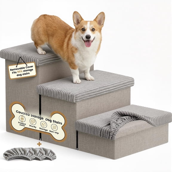 3-step Wide Dog Stairs 18" H With Removable Cover  Non-slip Storage Pet Steps For High Bed Couch Small/medium/large Old Dogs Puppy Up To 200lbs Cat Car Grey