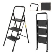 CAMP SOLUTIONS 3-Step Folding Ladder – Heavy-Duty Steel Step Stool With Wide Anti-Slip Pedals, Handrail, 500lb Capacity, Folds To 1.6" – For Home, Kitchen, Garage