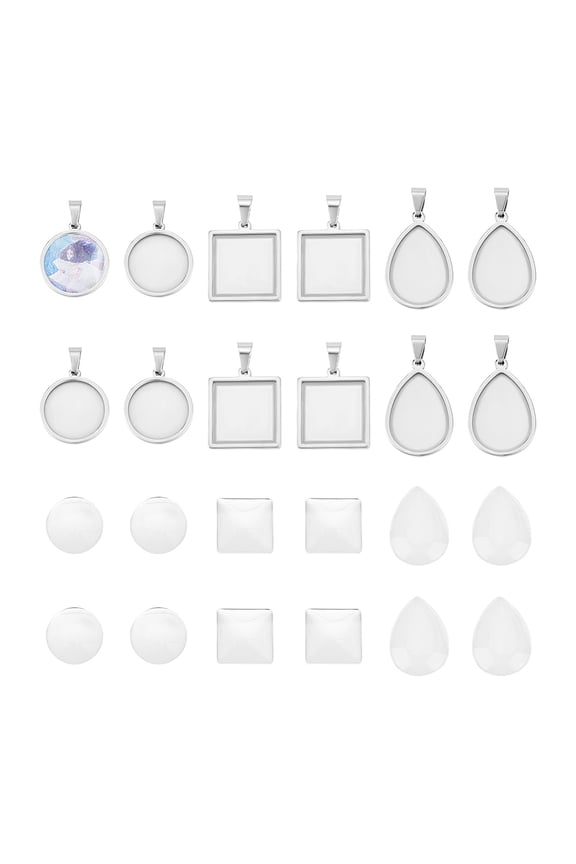 3 styles 12 sets DIY Teardrop Blank Pendant Making Kit Stainless Steel Square Cabochon Settings Glass Cabochons Flat Round Blank Pendant Trays for Necklace Jewelry Making