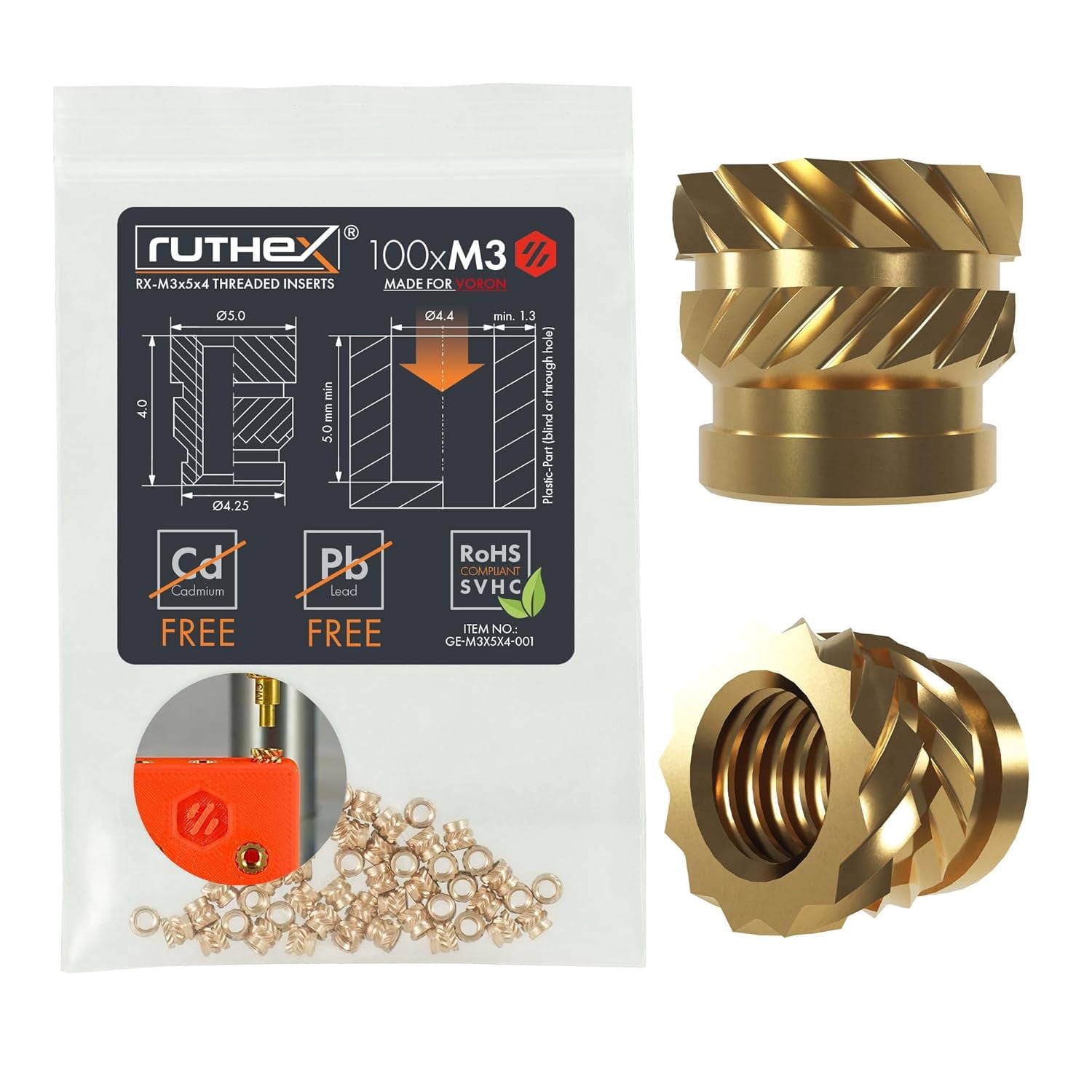 3 thread inserts - 100 pieces - 354 brass hot insert inserts for plastic parts - metric knurled nuts - through hot insertion into 3 print components