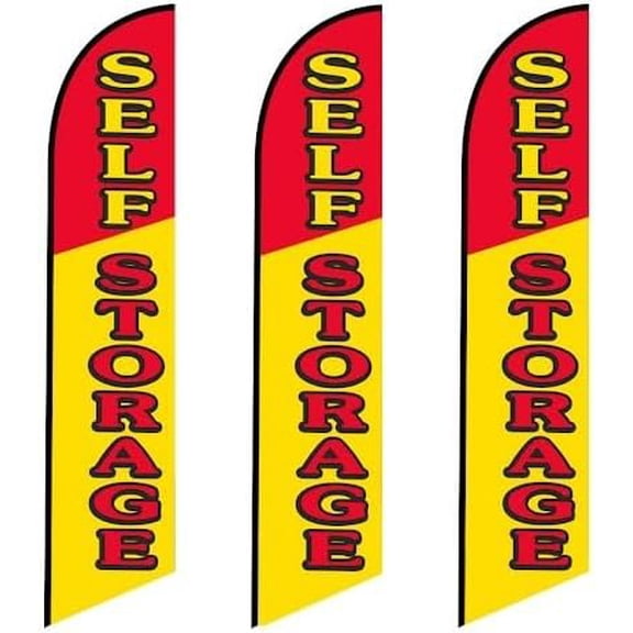 3 three Pack Tall Feather Flags Self Storage With Yellow and Red Letters replacement flags only