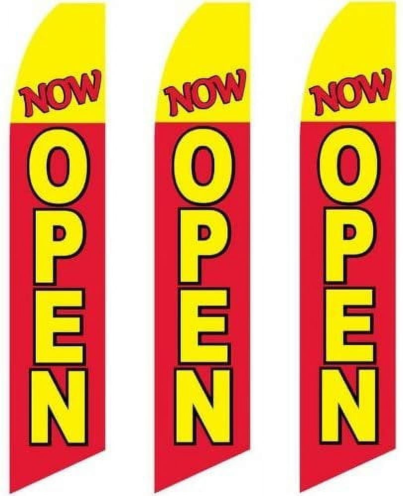 3 three Pack Tall Swooper Flags Now Open Red Yellow Black Outline