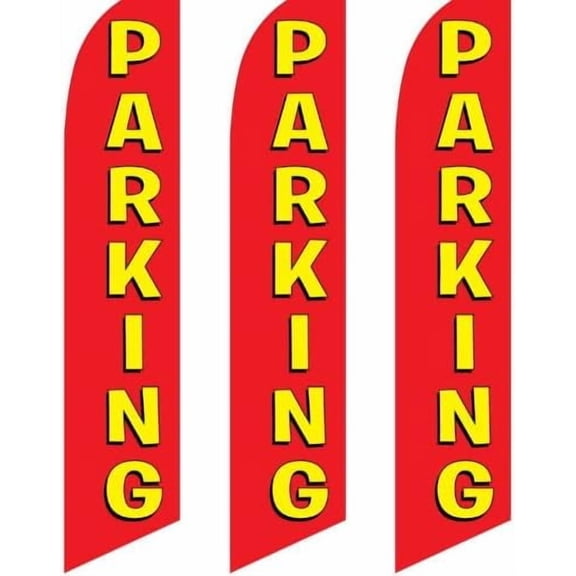 3 (three) Pack Tall Swooper Flags PARKING Red with Big Bold Yellow Text