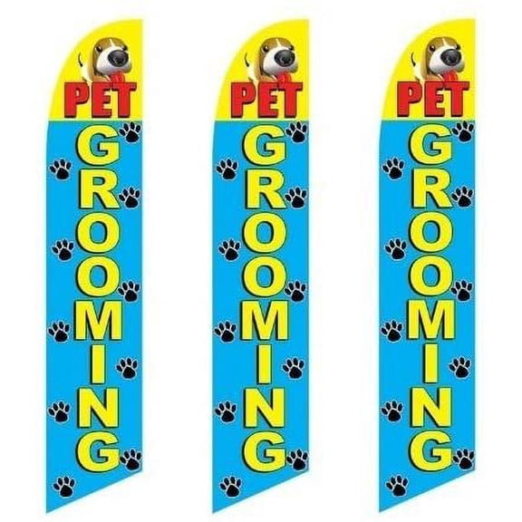 3 three Pack Tall Swooper Flags Pet Grooming Paw Prints Puppy Yellow Red Blue