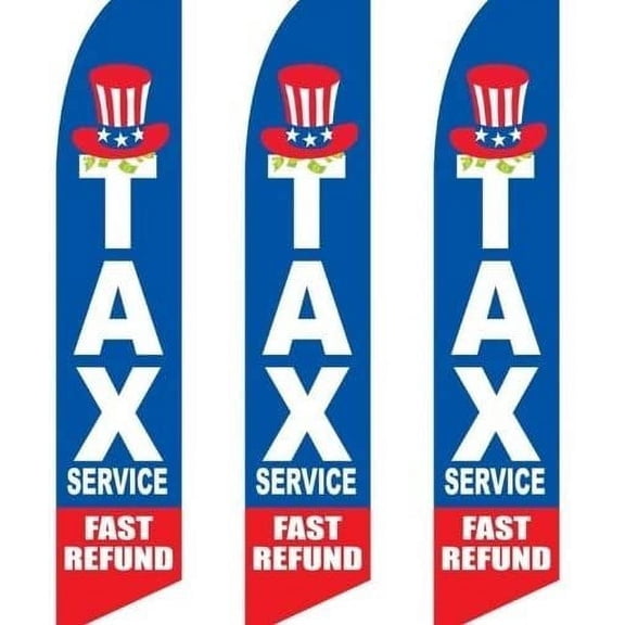 3 three Pack Tall Swooper Flags TAX Service Fast Refund Red White Blue Cash