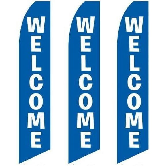 3 three Pack Tall Swooper Flags Welcome Blue With White Text