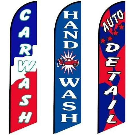 3 three Tall Feather Flags of Car Wash Hand Wash And Auto Detail for Business Advertising Flags Pack of 3 Replacement Flags only