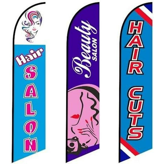 3 three Tall Feather Flags of Hair Saloon Beauty Saloon and Hair Cuts for Business Advertising Flags Pack of 3 Replacement Flags only