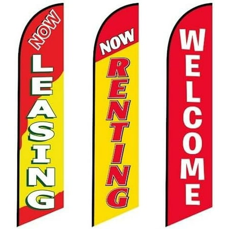 3 three Tall Windless Feather Flags of Now Leasing Now Renting and Welcome Red for Real Estate Business Advertising Flags Pack of 3 Replacement Flags only