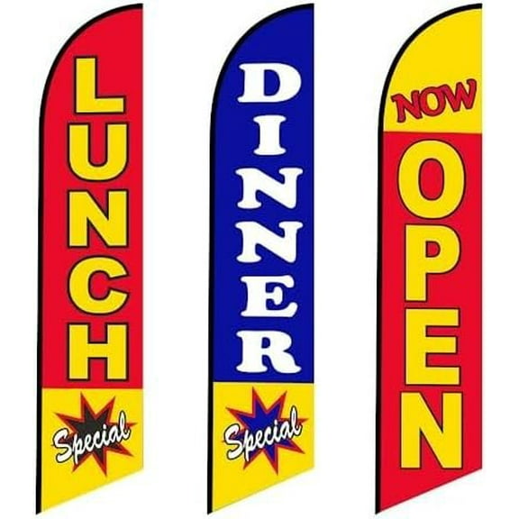 3 three Tall Windless Feather Flags of Lunch Special Dinner Special and Now Open for Restaurant Advertising Flags Pack of 3 Replacement Flags only