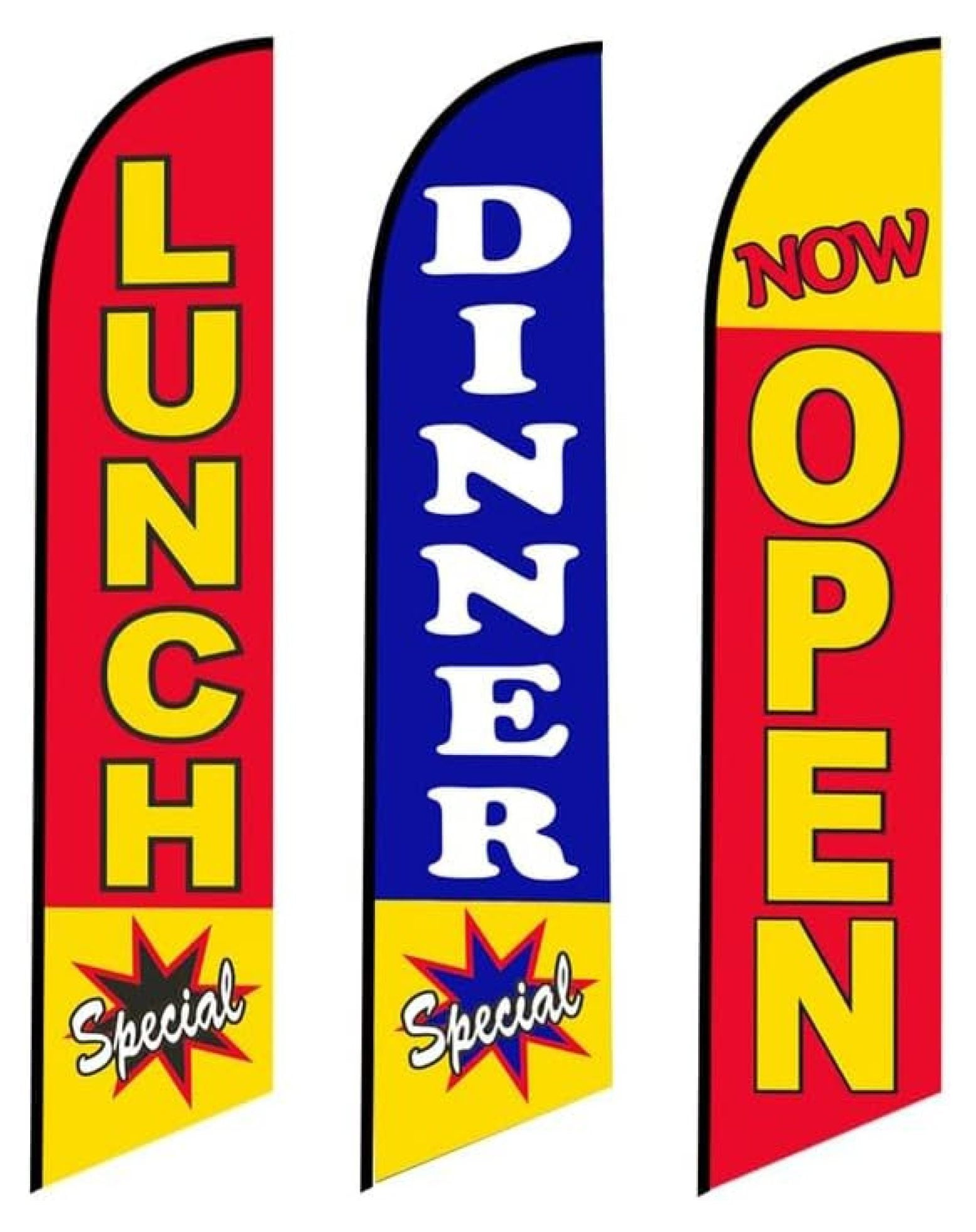 3 (three) Tall Windless Flags of Lunch Special Dinner Special and Now
