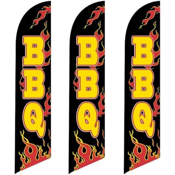 3 (three) Tall windless full sleeve flags of BBQ with Flames for Restaurant Advertising banner (Pack of 3 Replacement Flags only)$$Other